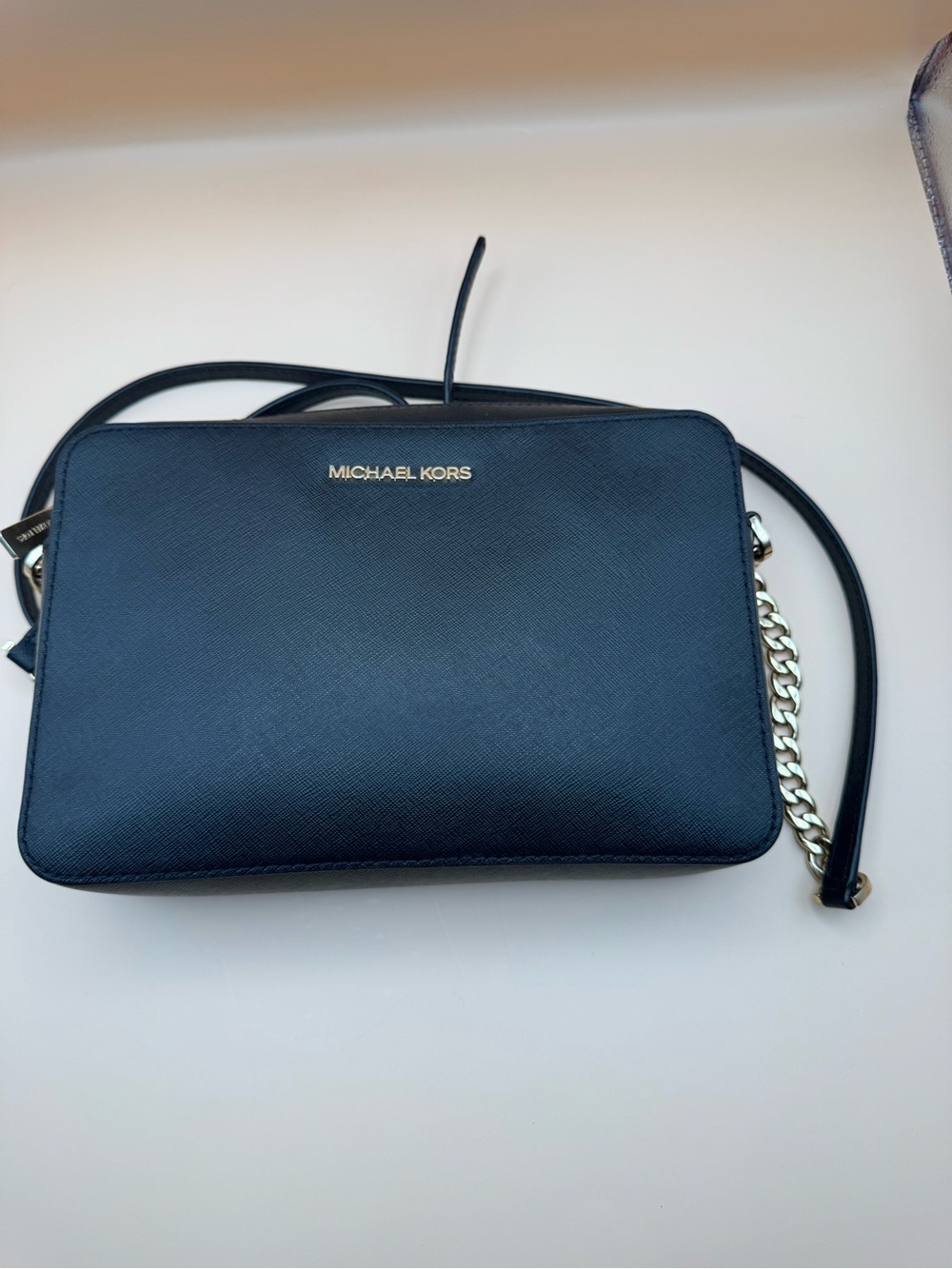 Michael Kors Navy Saffiano Leather Crossbody with Gold Chain